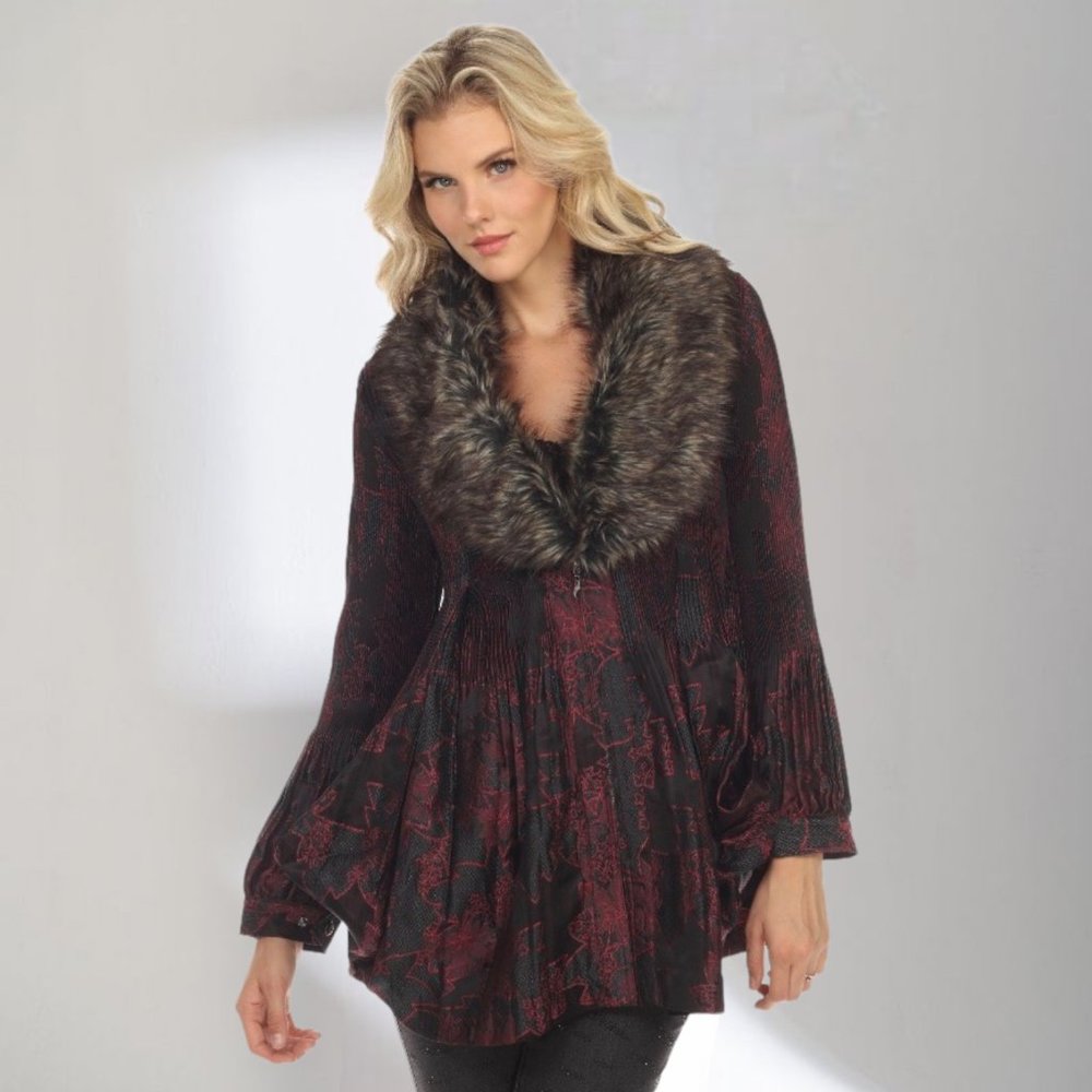 NWT Size M Black/Burgundy Floral Pleated Faux Fur Trim Peplum Coat TC607